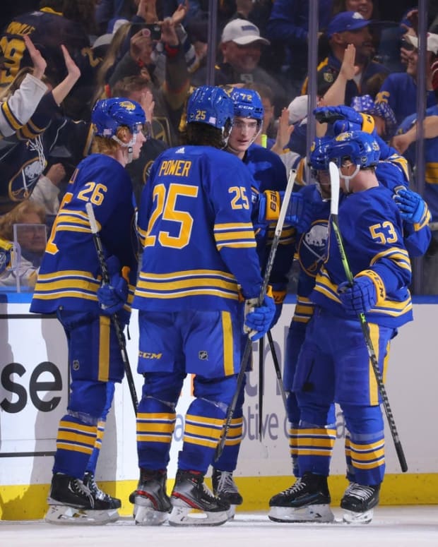 Nov 10, 2022; Buffalo, New York, USA; Buffalo Sabres right wing Tage Thompson (72) celebrates his second goal of the game with teammates during the third period against the Vegas Golden Knights at KeyBank Center. Mandatory Credit: Timothy T. Ludwig-USA TODAY Sports
