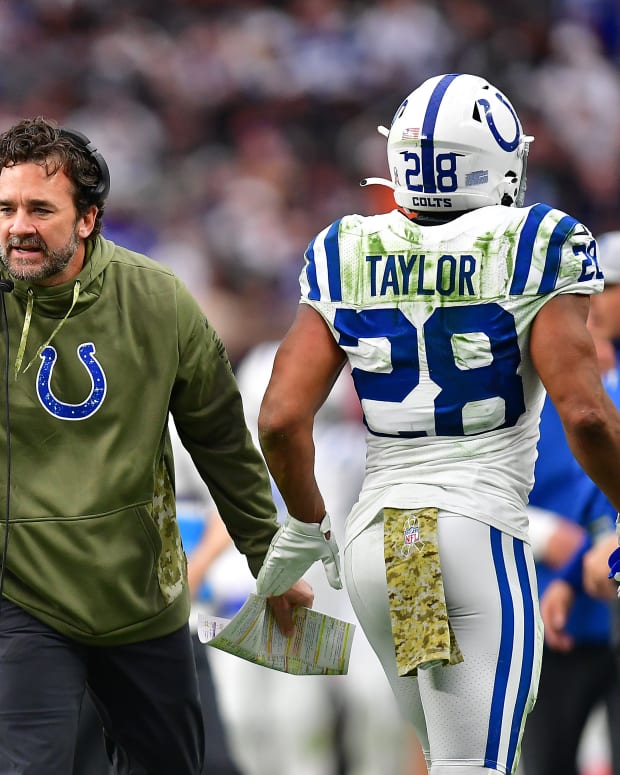 Nov 13, 2022; Paradise, Nevada, USA; Indianapolis Colts head coach Jeff Saturday reacts with offensive tackle Braden Smith (72) running back Jonathan Taylor (28) and running back Jordan Wilkins (29) following the touchdown scored by quarterback Matt Ryan (2) against the Las Vegas Raiders during the first half at Allegiant Stadium.