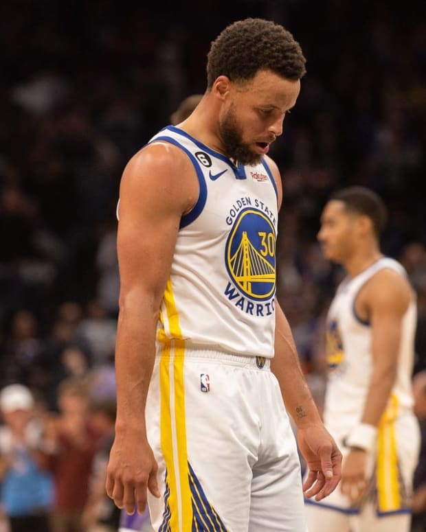 Nov 13, 2022; Sacramento, California, USA; Golden State Warriors guard Stephen Curry (30) reacts after losing to the Sacramento Kings at Golden 1 Center. Mandatory Credit: Ed Szczepanski-USA TODAY Sports