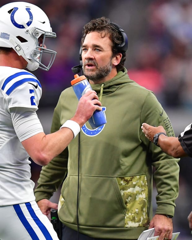 Nov 13, 2022; Paradise, Nevada, USA; Indianapolis Colts head coach Jeff Saturday speaks with quarterback Matt Ryan (2) during a time out against the Las Vegas Raiders in the first half at Allegiant Stadium.