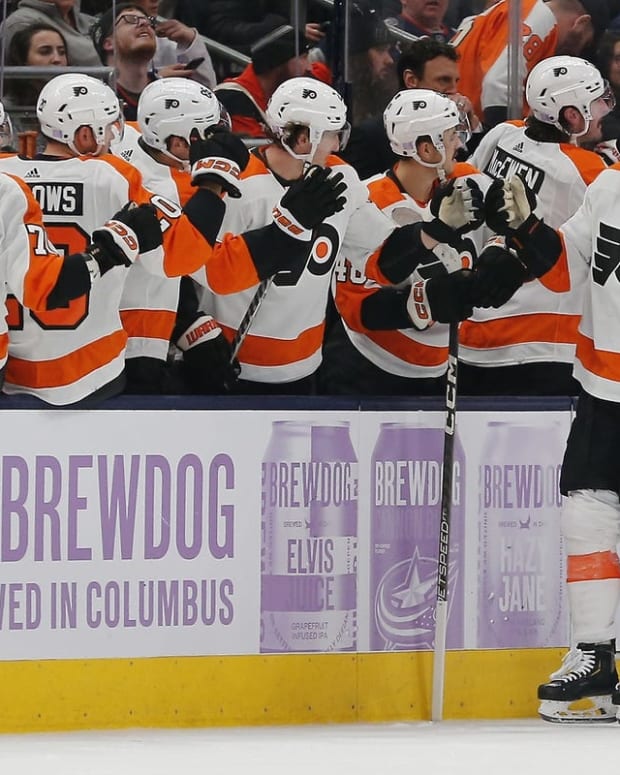 Nov 15, 2022; Columbus, Ohio, USA; Philadelphia Flyers center Kevin Hayes (13) celebrates a goal against the Columbus Blue Jackets during the second period at Nationwide Arena. Mandatory Credit: Russell LaBounty-USA TODAY Sports