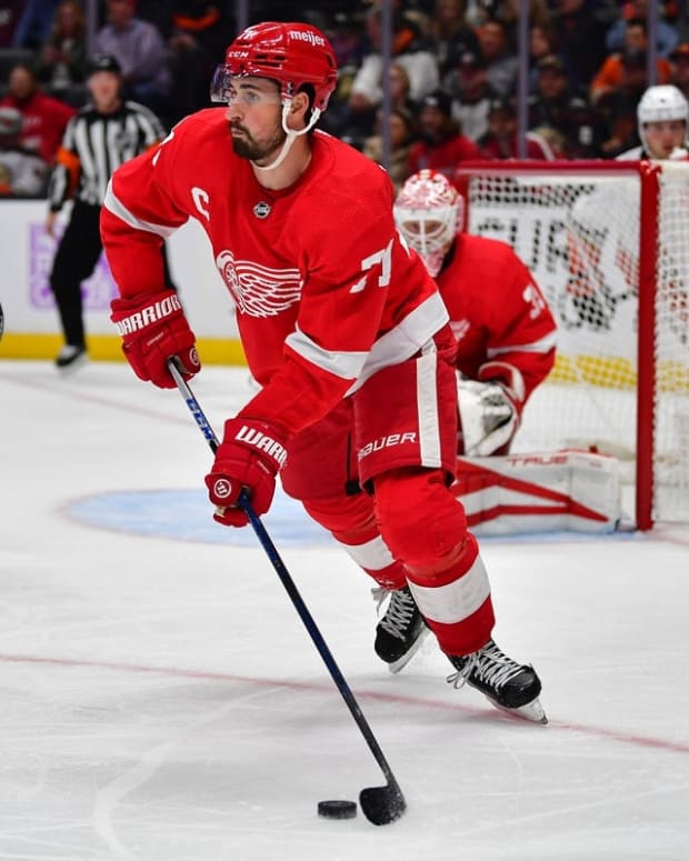 Nov 15, 2022; Anaheim, California, USA; Detroit Red Wings center Dylan Larkin (71) controls the puck against the Anaheim Ducks during the second period at Honda Center. Mandatory Credit: Gary A. Vasquez-USA TODAY Sports