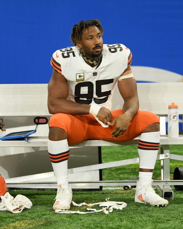 Nov 20, 2022; Detroit, Michigan, USA; Cleveland Browns defensive end Myles Garrett (95) sits by himself on the bench after the Browns lost to the Buffalo Bills at Ford Field. Mandatory Credit: Lon Horwedel-USA TODAY Sports