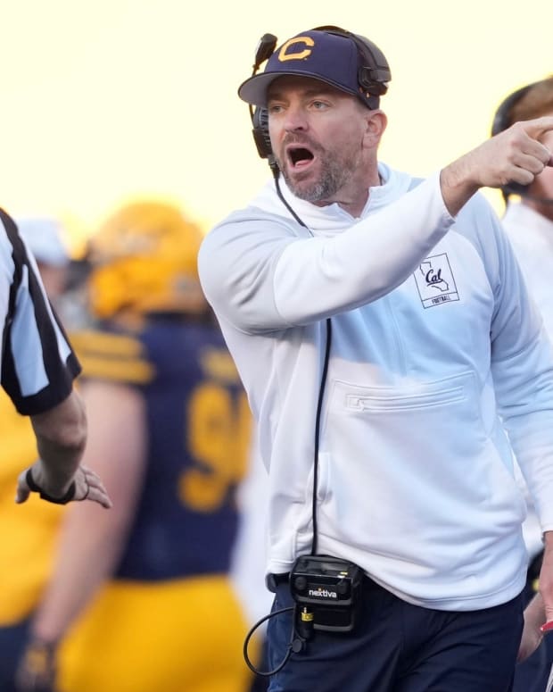 Cal coach Justin Wilcox gestures during the Big Game