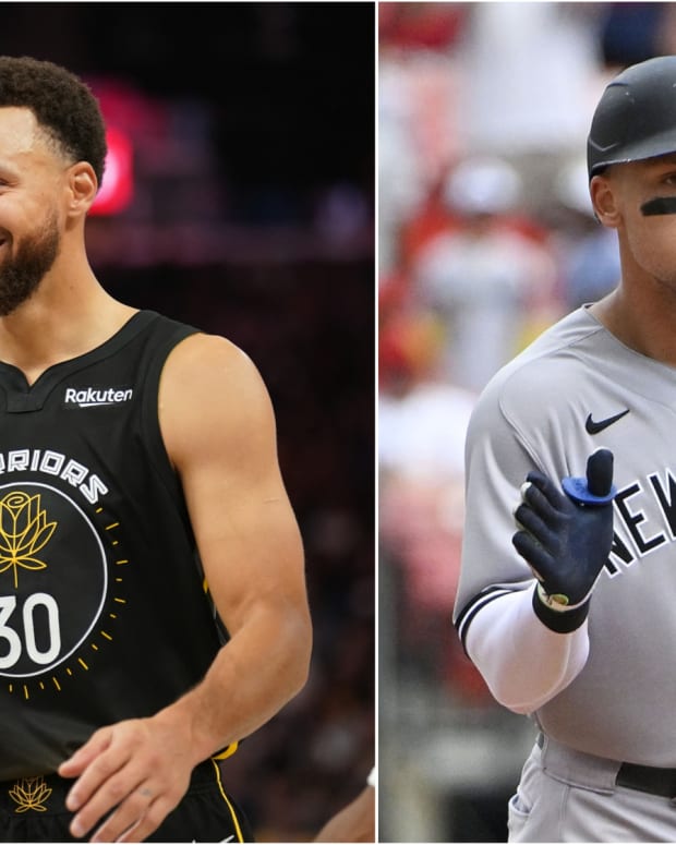 Golden State Warriors PG Stephen Curry with New York Yankees RF Aaron Judge