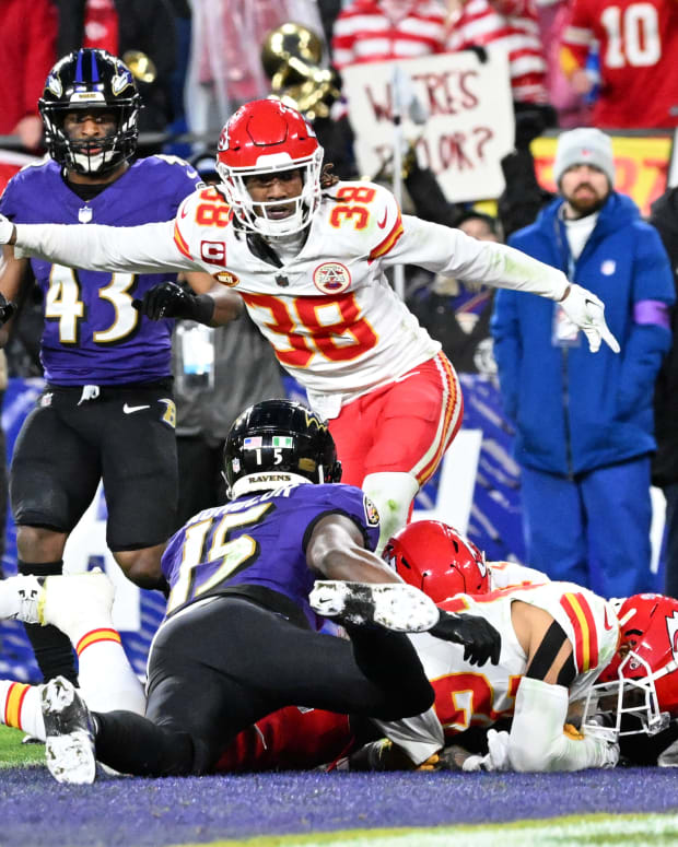 Kansas City Chiefs cornerback L'Jarius Sneed (38) celebrates as cornerback Trent McDuffie (22) recovers a fumble against Baltimore Ravens wide receiver Zay Flowers (4) and wide receiver Nelson Agholor (15) for a turnover during the second half in the AFC Championship football game at M&T Bank Stadium in Baltimore on Jan. 28, 2024.