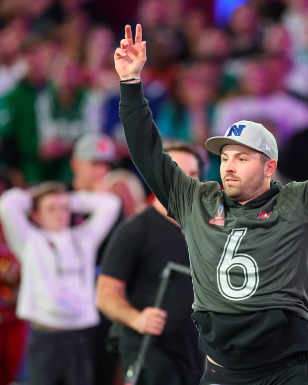 Feb 1, 2024; Orlando, FL, USA; Tampa Bay Buccaneers quarterback Baker Mayfield (6) participates in the NFL Pro Bowl Skills Competition at the UCF NIcholson Fieldhouse.