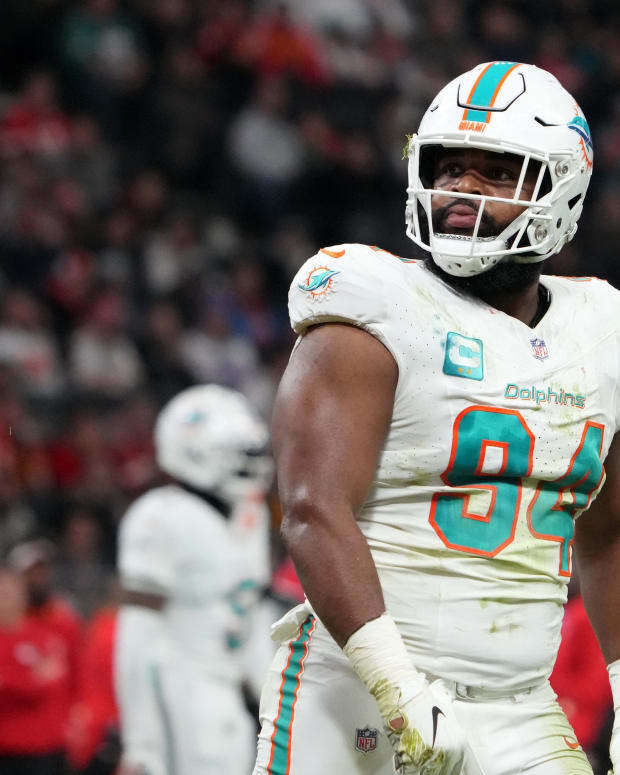Nov 5, 2023; Frankfurt, Germany; Miami Dolphins defensive tackle Christian Wilkins (94) reacts against the Kansas City Chiefs in the first half during an NFL International Series game at Deutsche Bank Park.