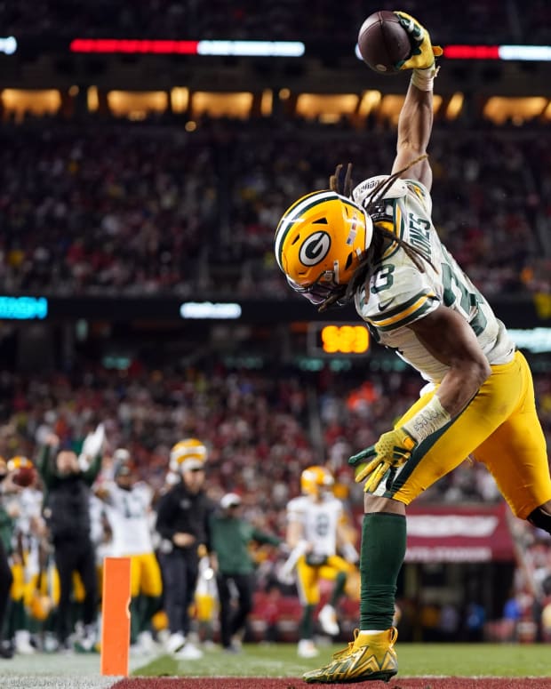 January 20, 2024; Santa Clara, CA, USA; Green Bay Packers running back Aaron Jones (33) celebrates after a two point conversion against the San Francisco 49ers during the third quarter in a 2024 NFC divisional round game at Levi's Stadium.