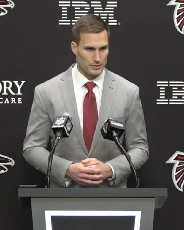 Kirk Cousins during his opening press conference with the Atlanta Falcons on March 13, 2024.
