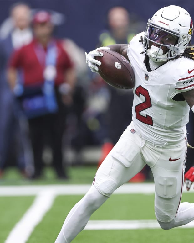 Nov 19, 2023; Houston, Texas, USA; Arizona Cardinals wide receiver Marquise Brown (2) runs with the ball during the game against the Houston Texans at NRG Stadium.