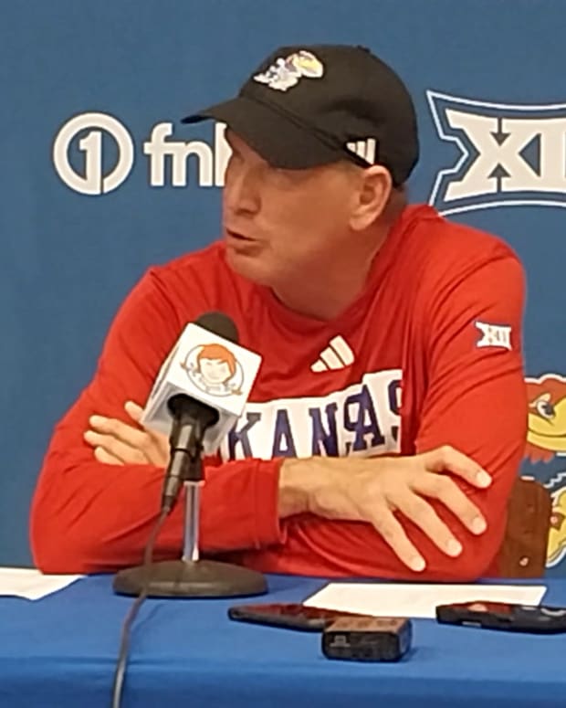 Lance Leipold takes the podium after the Kansas Jayhawks defeated the BYU Cougars