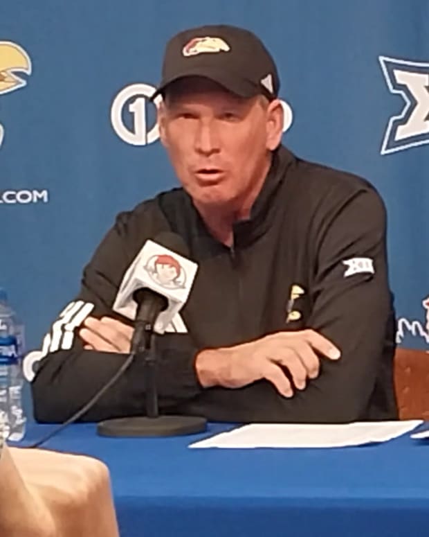 Lance Leipold speaks with the media after his team defeated the Oklahoma Sooners