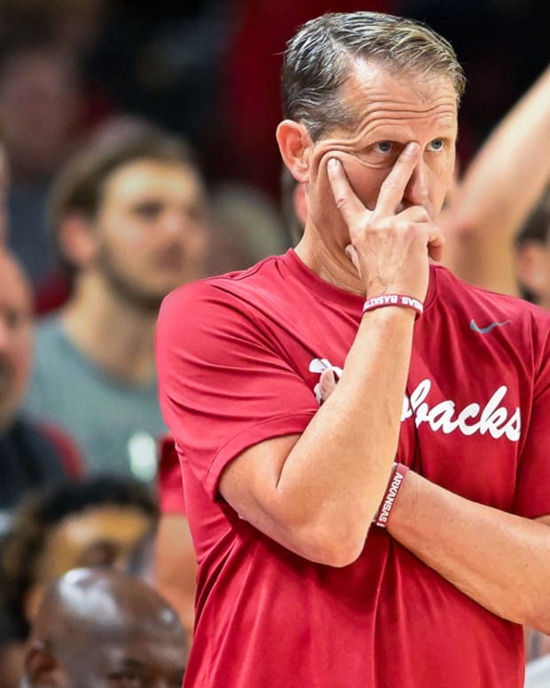 Razorbacks coach Eric Musselman on the sidelines at exhibition game against Purdue