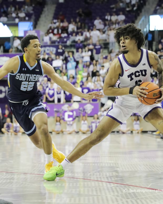 TCU men's basketball guard Micha Peavy during the game against Southern on November 6, 2023