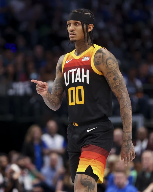 Utah Jazz guard Jordan Clarkson (00) reacts against the Dallas Mavericks during the second quarter in game two of the first round of the 2022 NBA playoffs at American Airlines Center.