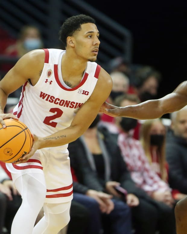 Wisconsin guard Jordan Davis playing as a sophomore for the Badgers (Credit: Mary Langenfeld-USA TODAY Sports)