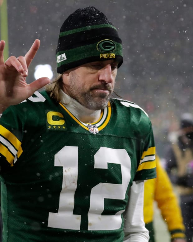 Green Bay Packers quarterback Aaron Rodgers (12) leaves the field after a 13-10 loss against the San Francisco 49ers during their NFL divisional round football playoff game Saturday January 22, 2022, at Lambeau Field in Green Bay, Wis.