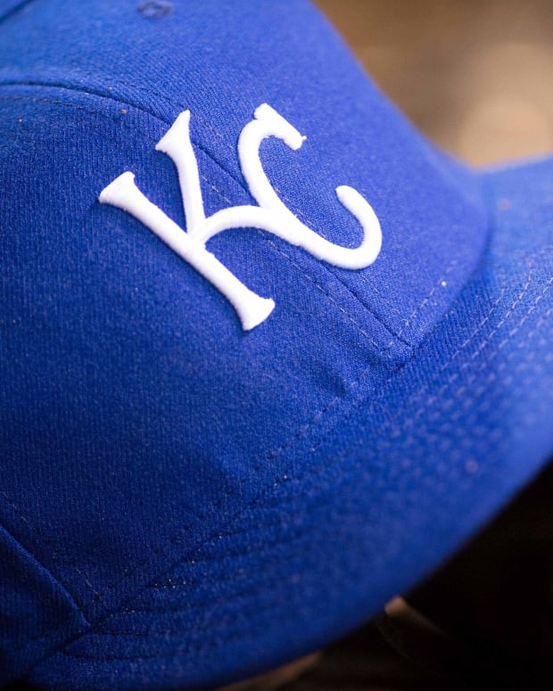 Aug 23, 2014; Arlington, TX, USA; A view of a Kansas City Royals ball cap and logo during the game between the Texas Rangers and the Royals at Globe Life Park in Arlington. The Royals defeated the Rangers 6-3. Mandatory Credit: Jerome Miron-USA TODAY Sports