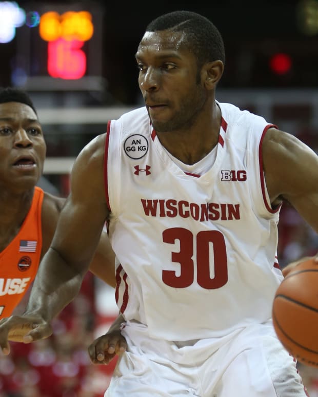 Wisconsin forward Vitto Brown driving to the rim against Syracuse (Credit: Mary Langenfeld-USA TODAY Sports)
