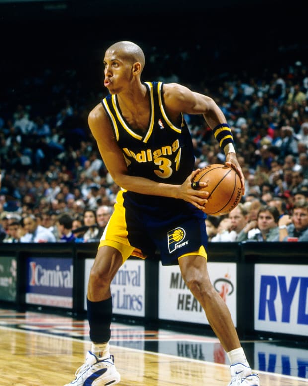 Indiana Pacers guard Reggie Miller (31) in action against the Miami Heat at the Miami Arena.