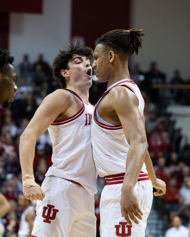 Indiana Hoosiers guard Trey Galloway (32) and forward Malik Reneau (5) celebrate in the second half against Michigan State.
