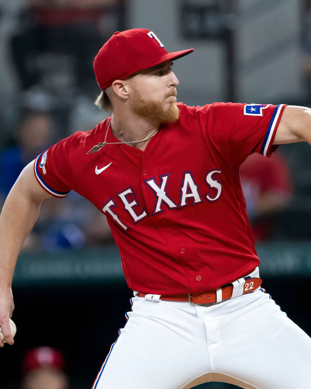 Sep 23, 2022; Arlington, Texas, USA; Texas Rangers starting pitcher Jon Gray (22) throws during the first inning against the Cleveland Guardians at Globe Life Field. Mandatory Credit: Kevin Jairaj-USA TODAY Sports