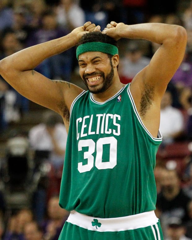 Rasheed Wallace grimaces after a play.