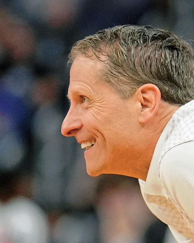 Arkansas Razorbacks head coach Eric Musselman reacts during the second half of their game against the Gonzaga Bulldogs in the semifinals of the West regional of the men's college basketball NCAA Tournament at Chase Center. The Arkansas Razorbacks won 74-68.