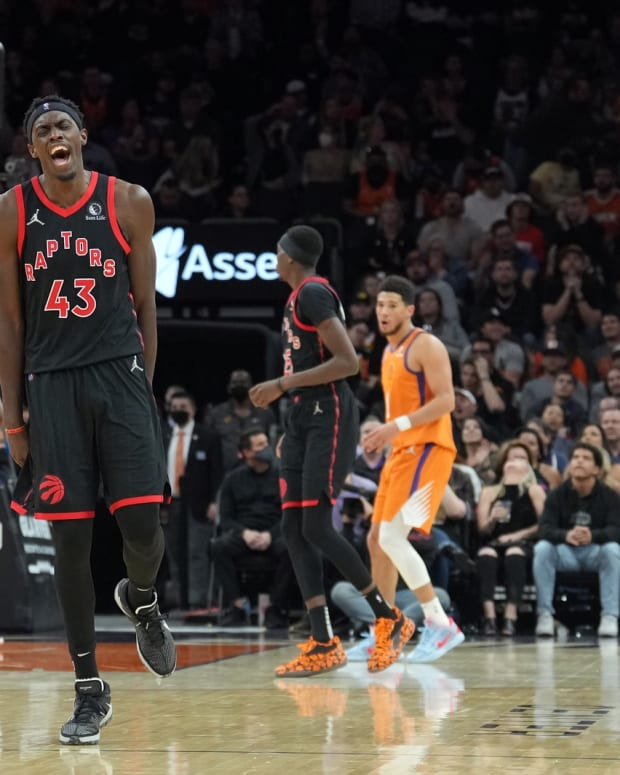 Toronto Raptors forward Pascal Siakam (43) reacts after making a basket against the Phoenix Suns during the second half at Footprint Center