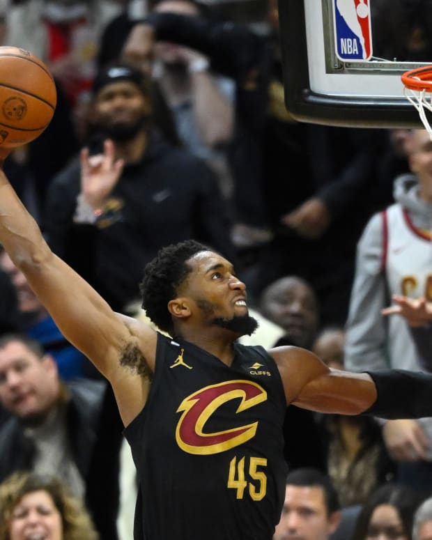 Cleveland Cavaliers guard Donovan Mitchell (45) drives to the basket in the third quarter against the Los Angeles Lakers at Rocket Mortgage FieldHouse.