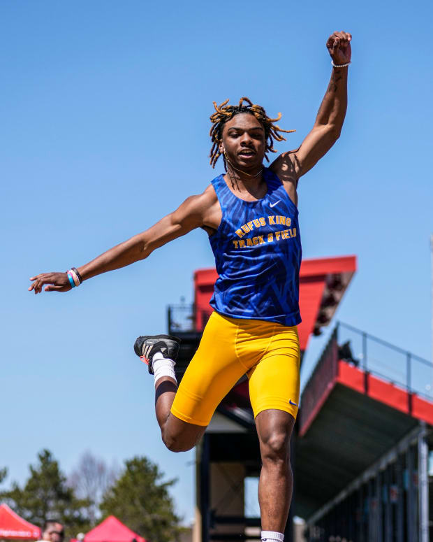 Rufus King athlete Nate White participating in the long jump (Credit: Scott Ash / Now News Group / USA TODAY NETWORK)