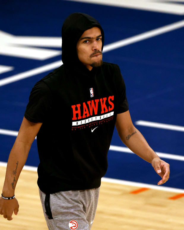Trae Young of the Atlanta Hawks warms up before the game against the New York Knicks
