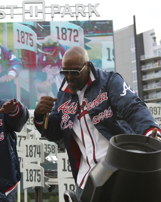 Nov 5, 2021; Atlanta, GA, USA; Recording artists Big Boi and Sleepy Brown perform during the World Series championship rally at Truist Park.