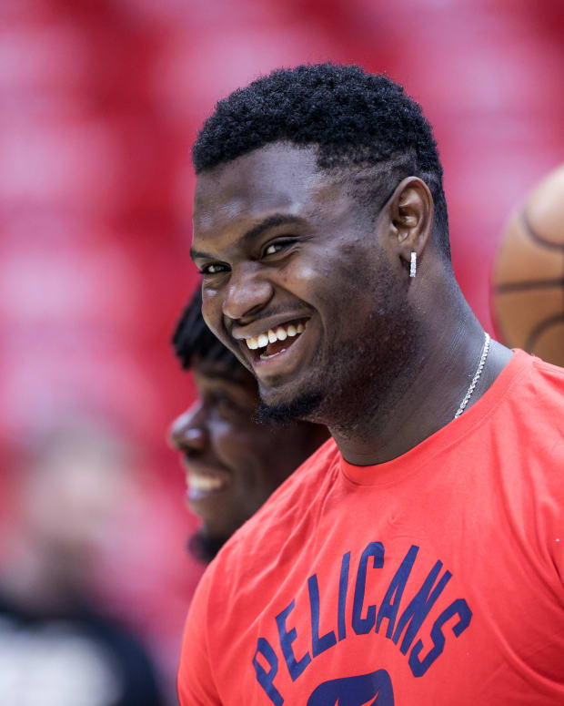 New Orleans Pelicans forward Zion Williamson (1) during warm ups before game six against the Phoenix Suns of the first round for the 2022 NBA playoffs at Smoothie King Center.