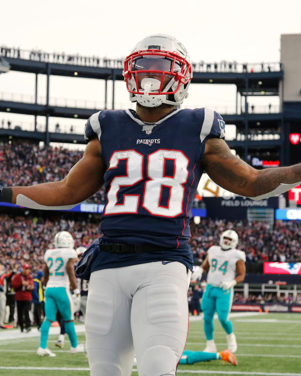 Running back James White celebrates a touchdown against the Miami Dolphins (Credit: Winslow Townson-USA TODAY Sports)