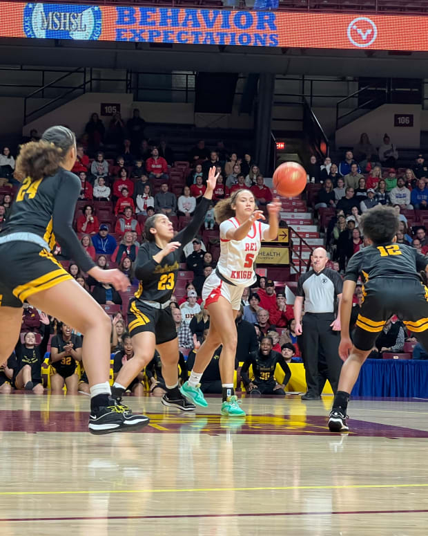 Benilde-St. Margaret's Zahara Bishop looks to pass during the Class 3A championship game against DeLaSalle at the Minnesota state girls basketball tournament on Saturday, March 16, 2024, at Williams Arena in Minneapolis