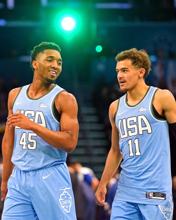 Donovan Mitchell of the Utah Jazz and U.S. Team guard Trae Young of the Atlanta Hawks during the All-Star Rising Stars game at Spectrum Center.