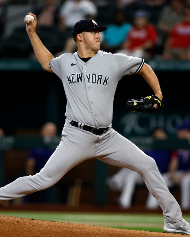 Oct 4, 2022; Arlington, Texas, USA; New York Yankees starting pitcher Jameson Taillon (50) throws a pitch in the first inning against the Texas Rangers at Globe Life Field. Mandatory Credit: Tim Heitman-USA TODAY Sports