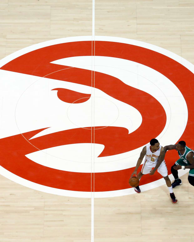 Atlanta Hawks halfcourt logo at State Farm Arena.