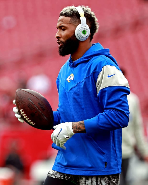 Jan 23, 2022; Tampa, Florida, USA; Los Angeles Rams wide receiver Odell Beckham Jr. (3) warms up before play the Tampa Bay Buccaneers in a NFC Divisional playoff football game at Raymond James Stadium. Mandatory Credit: Matt Pendleton-USA TODAY Sports