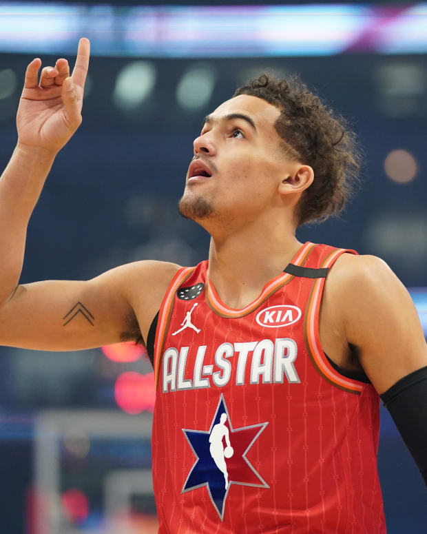 Team Giannis guard Trae Young of the Atlanta Hawks reacts in the first quarter during the 2020 NBA All Star Game at United Center.