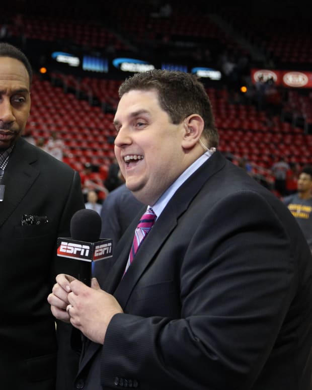 ESPN television personality Stephen A. Smith (left) and sportswriter Brian Windhorst (right) prior to game two of the Eastern Conference Finals of the NBA Playoffs between the Atlanta Hawks and the Cleveland Cavaliers at Philips Arena.