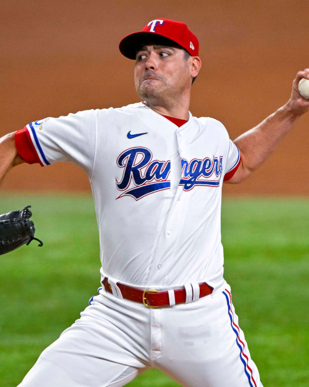 Aug 3, 2022; Arlington, Texas, USA; Texas Rangers relief pitcher Matt Moore (45) pitches against the Baltimore Orioles during the seventh inning at Globe Life Field. Mandatory Credit: Jerome Miron-USA TODAY Sports