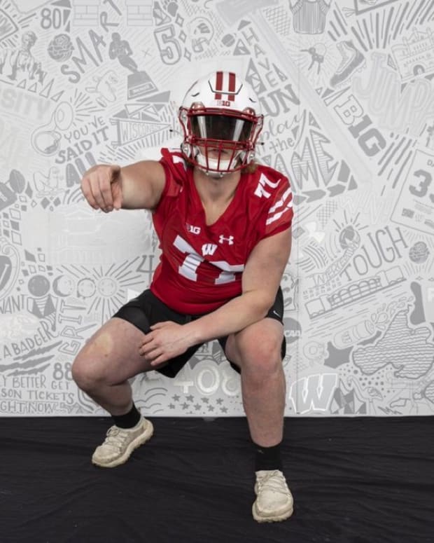 2023 offensive lineman Christopher Terek poses during a visit to Wisconsin back on April 22.