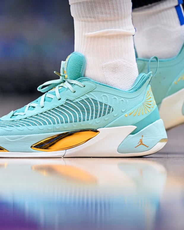 View of Luka Doncic's teal shoes.