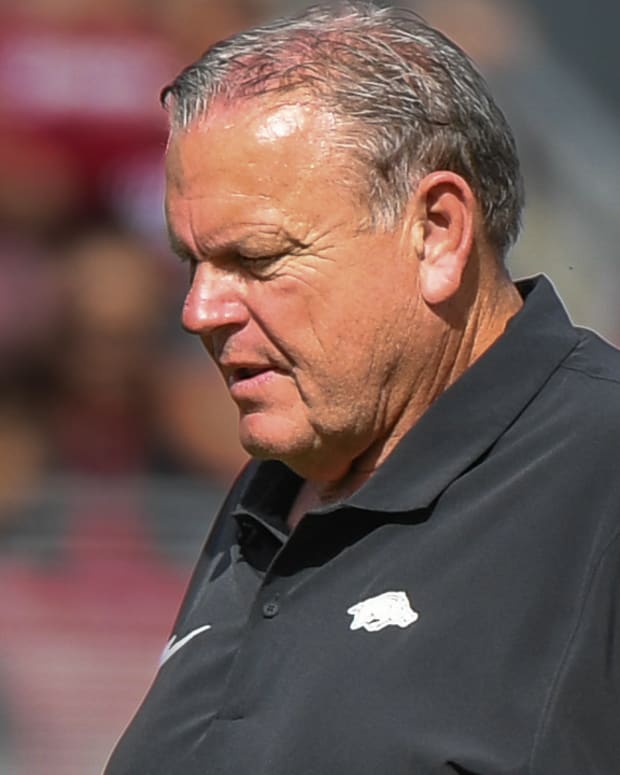 Razorbacks coach Sam Pittman during loss to Mississippi State on Saturday afternoon