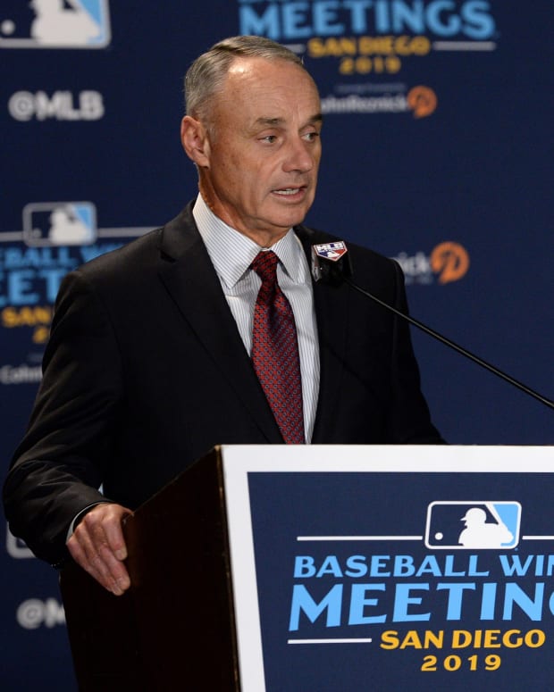 Dec 10, 2019; San Diego, CA, USA; MLB commissioner Rob Manfred speaks to the media before announcing the All-MLB team during the MLB Winter Meetings at Manchester Grand Hyatt. Mandatory Credit: Orlando Ramirez-USA TODAY Sport