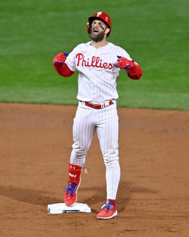 Philadelphia Phillies star Bryce Harper celebrates a hit during Game 4 of the 2022 NLCS