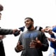 May 4, 2019; East Rutherford, NJ, USA; New York Giants cornerback Julian Love (37) speaks to the media during rookie minicamp at Quest Diagnostics Training Center.